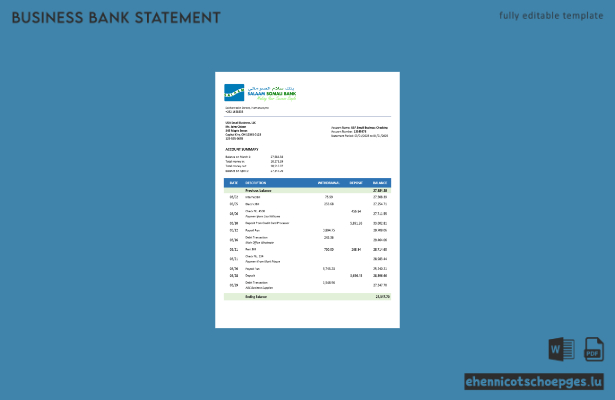 Somali Salaam Somali Bank Geschäftskontoauszug Word- und PDF-Beispielvorschau